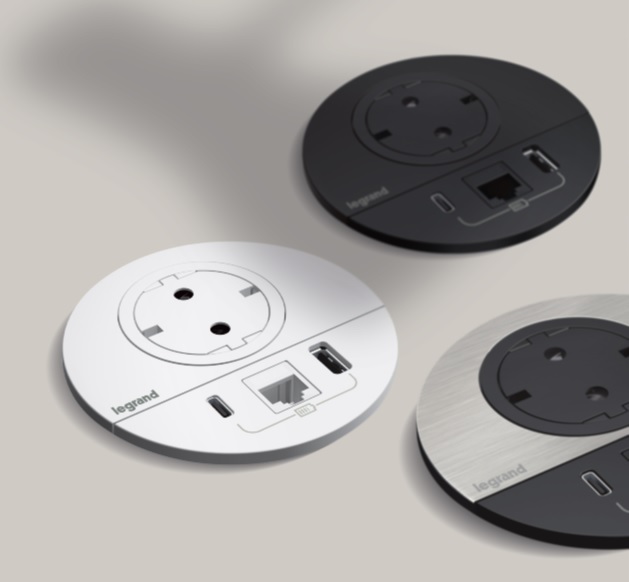 Модул за вграждане в бюро с 1х Шуко, USB тип A+C и 1х RJ45 Cat.6 UTP, кабел 2m, Ø80mm, цвят ЧЕРЕН МЕТАЛ, Incara Disq Legrand