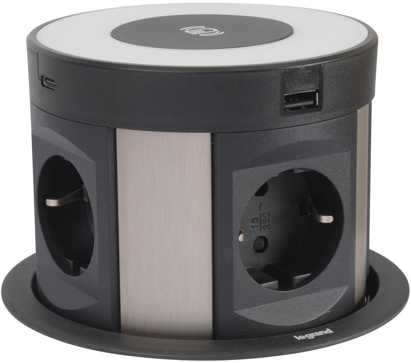 Мебелна колона Pop-Up, с контакти 4х шуко, 2х USB тип A+C, индуктивно зарядно 10W, кабел 2m, Ø120mm, Incara Tower Legrand
