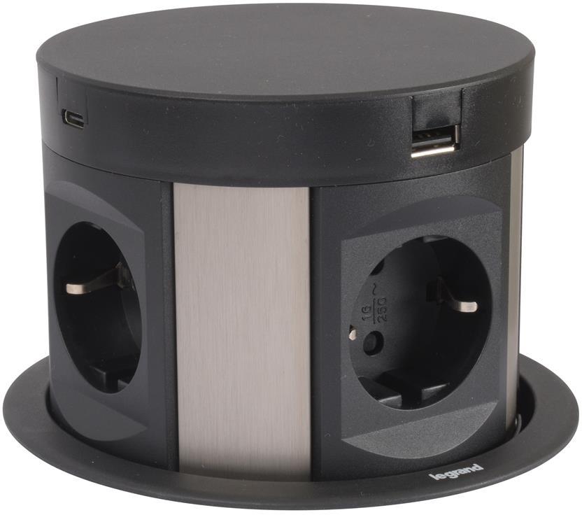 Мебелна колона Pop-Up, с контакти 4х шуко, 2х USB тип A+C, кабел 2m, Ø120mm, Incara Tower Legrand