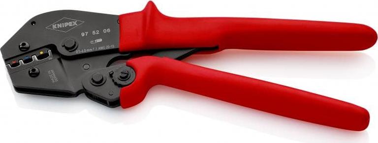 Клещи за кримпване на кабелни накрайници 0.5-6мм2 изолирани, закалени, синьо-червена ръкохватка 250мм, с пружина, Knipex