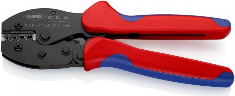 Клещи за кримпване на кабелни накрайници 0.1-2.5мм2 неизолирани, закалени, синьо-червена ръкохватка 220мм, с пружина, Knipex