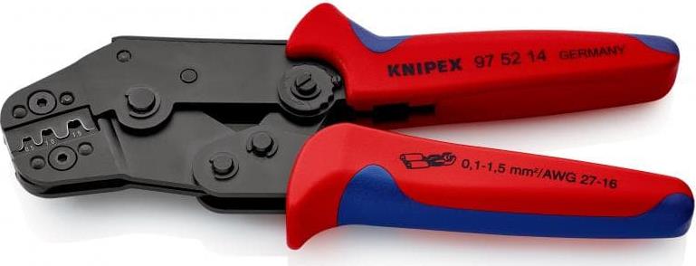 Клещи за кримпване на кабелни накрайници 0.1-1.5мм2 неизолирани, закалени, синьо-червена ръкохватка 195мм, с пружина, Knipex