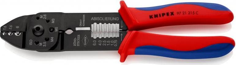 Клещи за кримпване на кабелни накрайници 0.5-6мм2 неизолирани, синьо-червена ръкохватка 230мм, Knipex