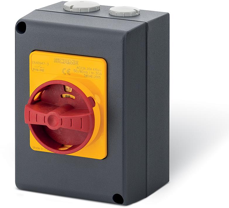 Пакетен прекъсвач Y1 20A 3P I-0 в алуминиева кутия 105x150x82mm IP66 Isolators Scame