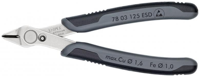Клещи резачки Super-Knips, неръждаема стомана, черно-сива ръкохватка 125мм, ESD, с отваряща пружина, Knipex