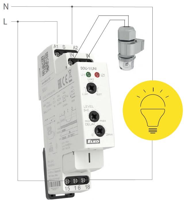 Датчик за осветеност, комплект с фотоклетка IP65, 1c/o 16A, 230Vac, 1DIN, Elko EP