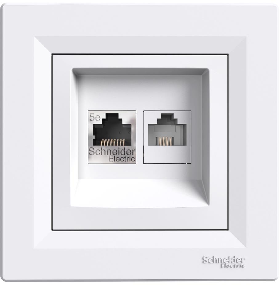 Розетка RJ45 UTP cat.5е + RJ12 моноблок цвят Бял Asfora SE