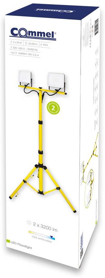 Работна лампа 2х30W 2х3200lm 6500K със стойка триножник IP44 220V с кабел H05RN-F 3x1mm2 2,5 метра Commel