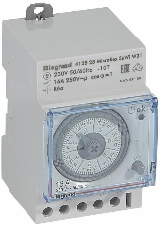 DIN Таймер Седмичен, MicroRex SuWi W31, 2 часа минмален интервал, автоматична настройка, 16A 3 модула Legrand