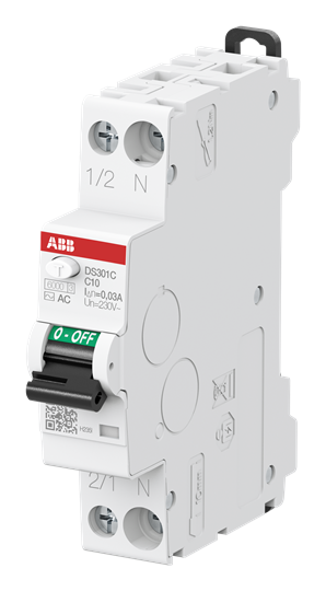 ДТЗ комбинирана DS301C 1P+N 10A крива C 30mA тип AC 6kA 1 мод. ABB