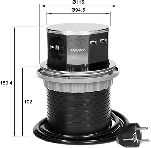 Мебелна колона Pop-Up, с контакти 3х шуко, 2х USB тип A, кабел 1.5m, Ø100mm, цвят ИНОКС, ORNO