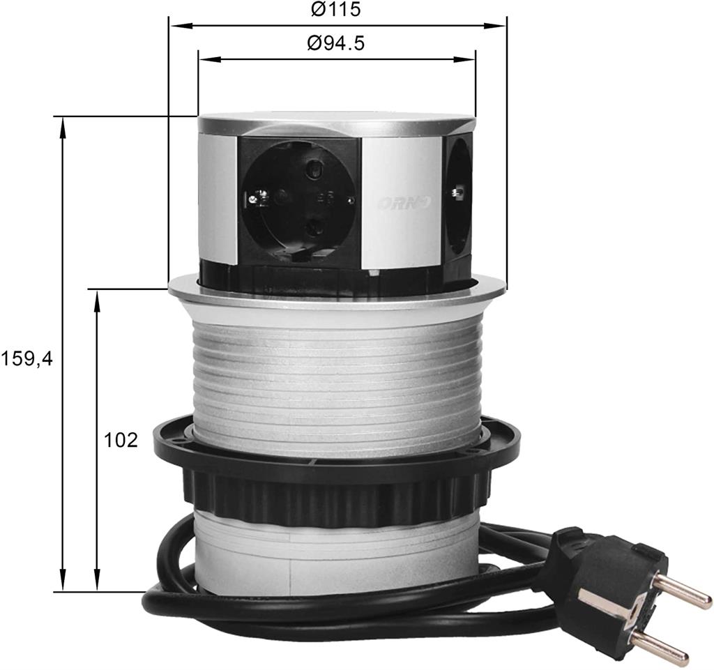 Мебелна колона Pop-Up, с контакти 3х шуко, 2х USB тип A, кабел 1.5m, Ø100mm, цвят АЛУМИНИЙ, ORNO