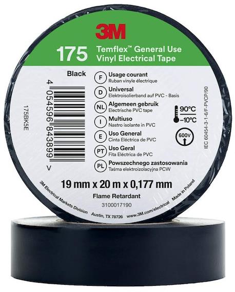 Изолационна лента Temflex 175 цвят ЧЕРЕН 0.18мм х 19мм, дължина 20м 3M