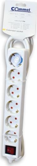Разклонител с копче БЯЛ 6x2P+E с кабел 5 метра / 1.5mm2 Commel