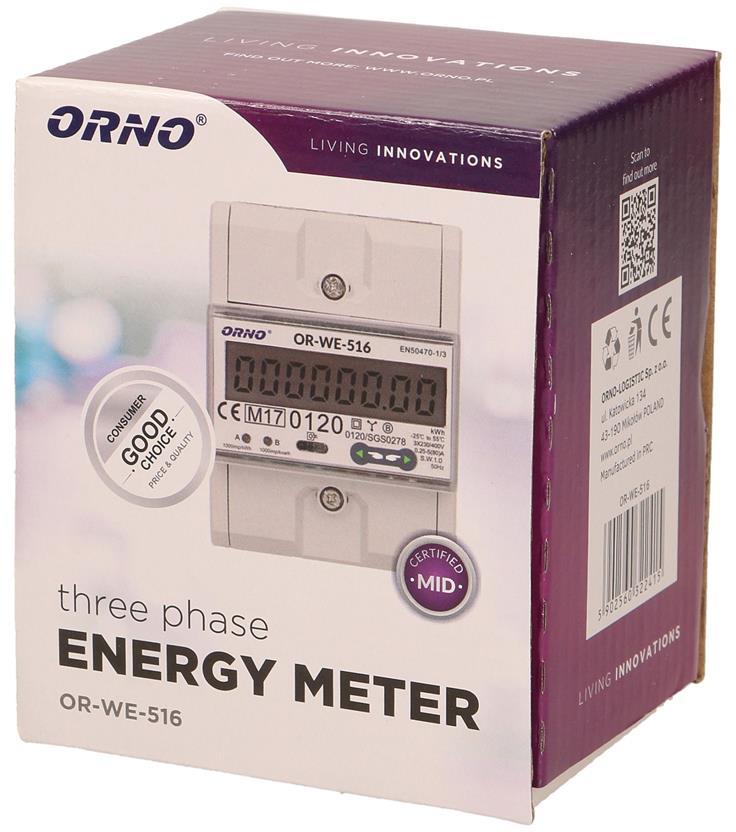 Трифазен електромер за ДИРЕКТНО мерене на ел. енергия, Modbus, еднотарифен, за DIN монтаж 4.5 мод, 80A, MID ORNO