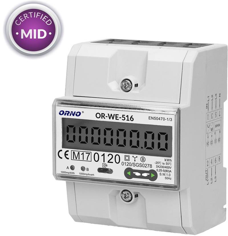 Трифазен електромер за ДИРЕКТНО мерене на ел. енергия, Modbus, еднотарифен, за DIN монтаж 4.5 мод, 80A, MID ORNO