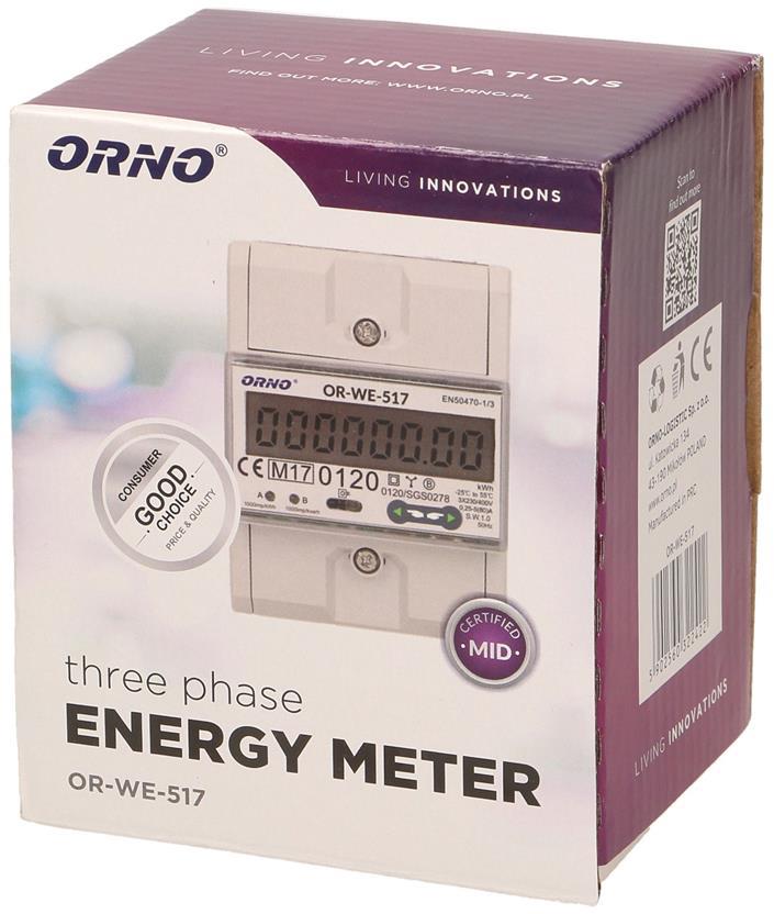 Трифазен електромер за ДИРЕКТНО мерене на ел. енергия, Modbus, до 4 тарифи, за DIN монтаж 4.5 мод, 80A, MID ORNO