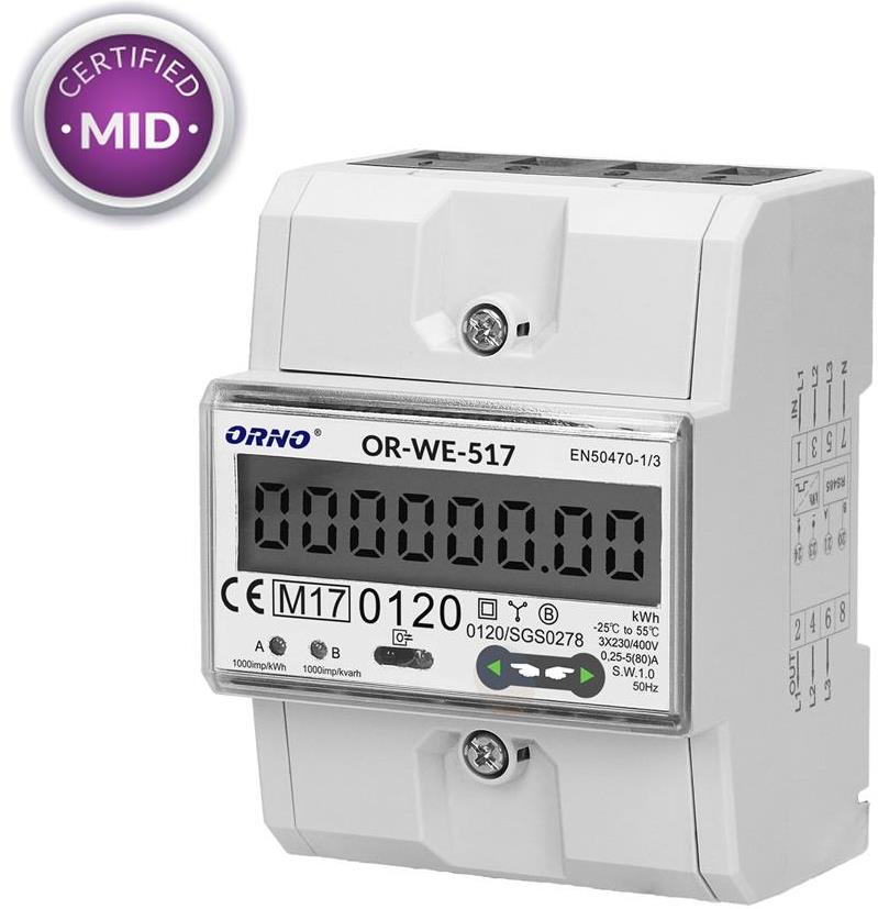 Трифазен електромер за ДИРЕКТНО мерене на ел. енергия, Modbus, до 4 тарифи, за DIN монтаж 4.5 мод, 80A, MID ORNO