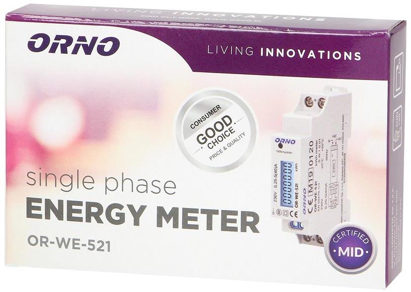 Монофазен електромер за ДИРЕКТНО мерене на ел. енергия, импулсен изход, еднотарифен, за DIN монтаж 1 мод, 40A, MID ORNO