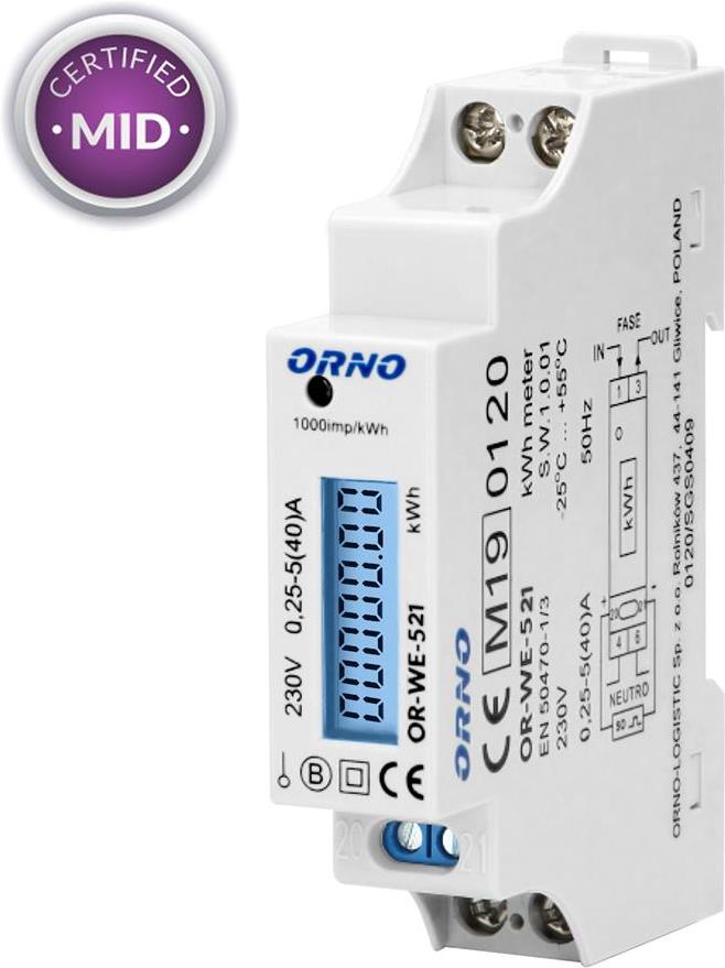 Монофазен електромер за ДИРЕКТНО мерене на ел. енергия, импулсен изход, еднотарифен, за DIN монтаж 1 мод, 40A, MID ORNO
