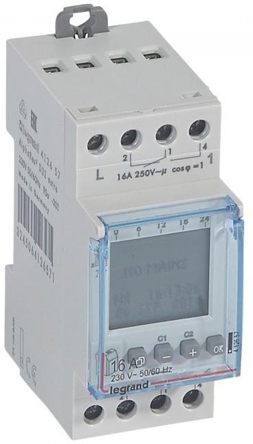 Реле за време, астрономично седмично, с LCD дисплей, 2x28 1s, 2c/o 16A, 230Vac 2 модула Legrand