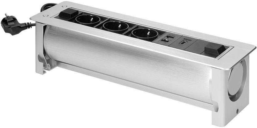 Мебелна кутия с моторизирано управление, с контакти 3х шуко, 1х HDMI, 2х RJ45, 383x100x100mm, кабели 1.5m, цвят ИНОКС, ORNO