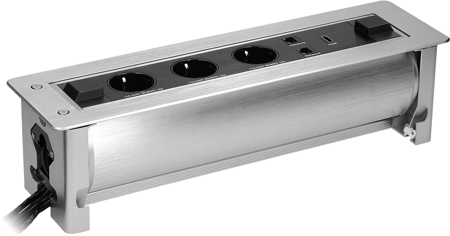 Мебелна кутия с моторизирано управление, с контакти 3х шуко, 1х HDMI, 2х RJ45, 383x100x100mm, кабели 1.5m, цвят ИНОКС, ORNO