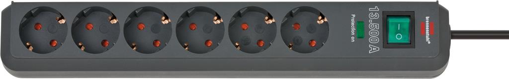 Разклонител с копче ЧЕРЕН 6x2P+E с гръмозащита с кабел 1.5 метра / 1.5mm2 Eco-Line Brennenstuhl