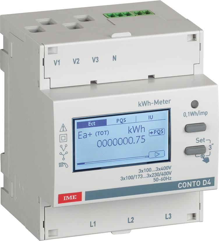 Трифазен мерител за ДИРЕКТНО мерене на ел. енергия Conto D4-Pd, импулсен изход, за DIN монтаж 4 мод, 63A, IME