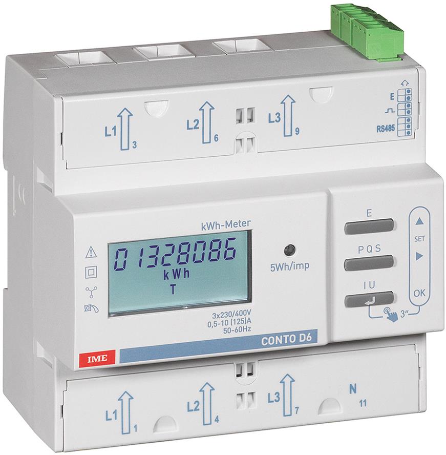 Трифазен електромер за ДИРЕКТНО мерене на ел. енергия Conto D6-Pd, Modbus, 2 тарифи, за DIN монтаж 6 мод, 125A, MID IME