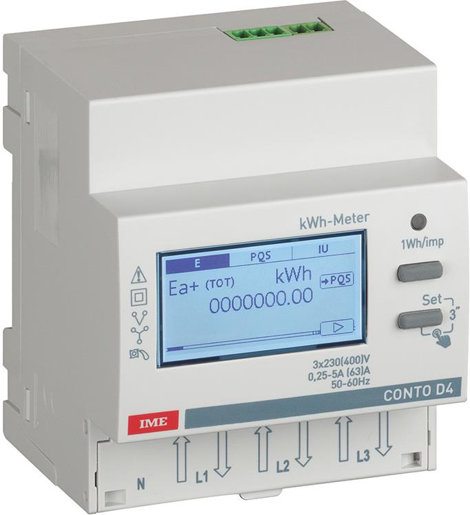 Трифазен мерител за ИНДИРЕКТНО мерене на ел. енергия Conto D4-Pt, Modbus, 2 тарифи, за DIN монтаж 4 мод, IME