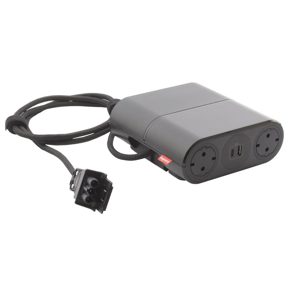 Разклонител 4x Шуко и USB тип A+C, кабел 2.5m и GST18, цвят ЧЕРЕН Incara Link'On Legrand