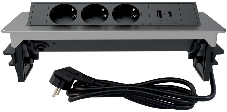 Мебелна кутия Pop-Up, с контакти 3х шуко, 2х USB тип A+C, кабел 2m, цвят ИНОКС, Commel