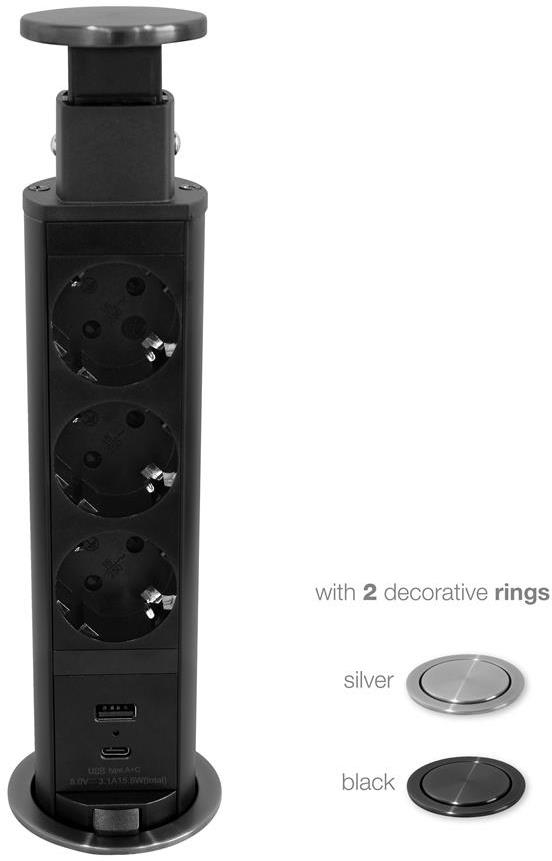 Мебелна колона Pop-Up, с контакти 3х шуко, 2х USB тип A+C, кабел 2m, Ø60mm, цвят ЧЕРЕН, Commel