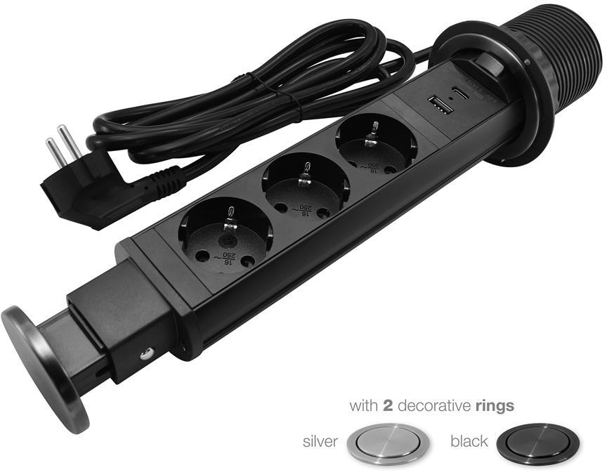 Мебелна колона Pop-Up, с контакти 3х шуко, 2х USB тип A+C, кабел 2m, Ø60mm, цвят ЧЕРЕН, Commel