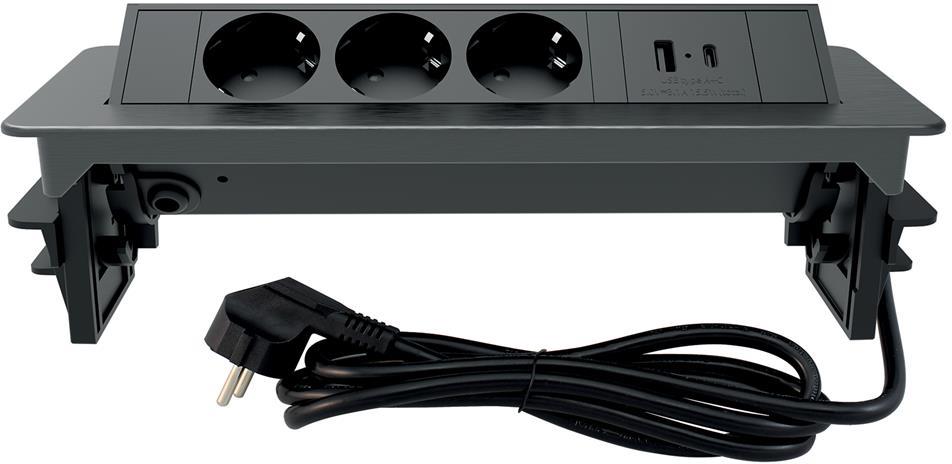 Мебелна кутия Pop-Up, с контакти 3х шуко, 2х USB тип A+C, кабел 2m, цвят ЧЕРЕН, Commel