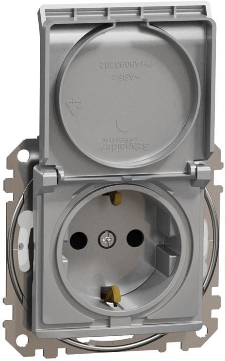 Контакт шуко с детска защита авт. и капак IP44 цвят Алуминий Sedna SE