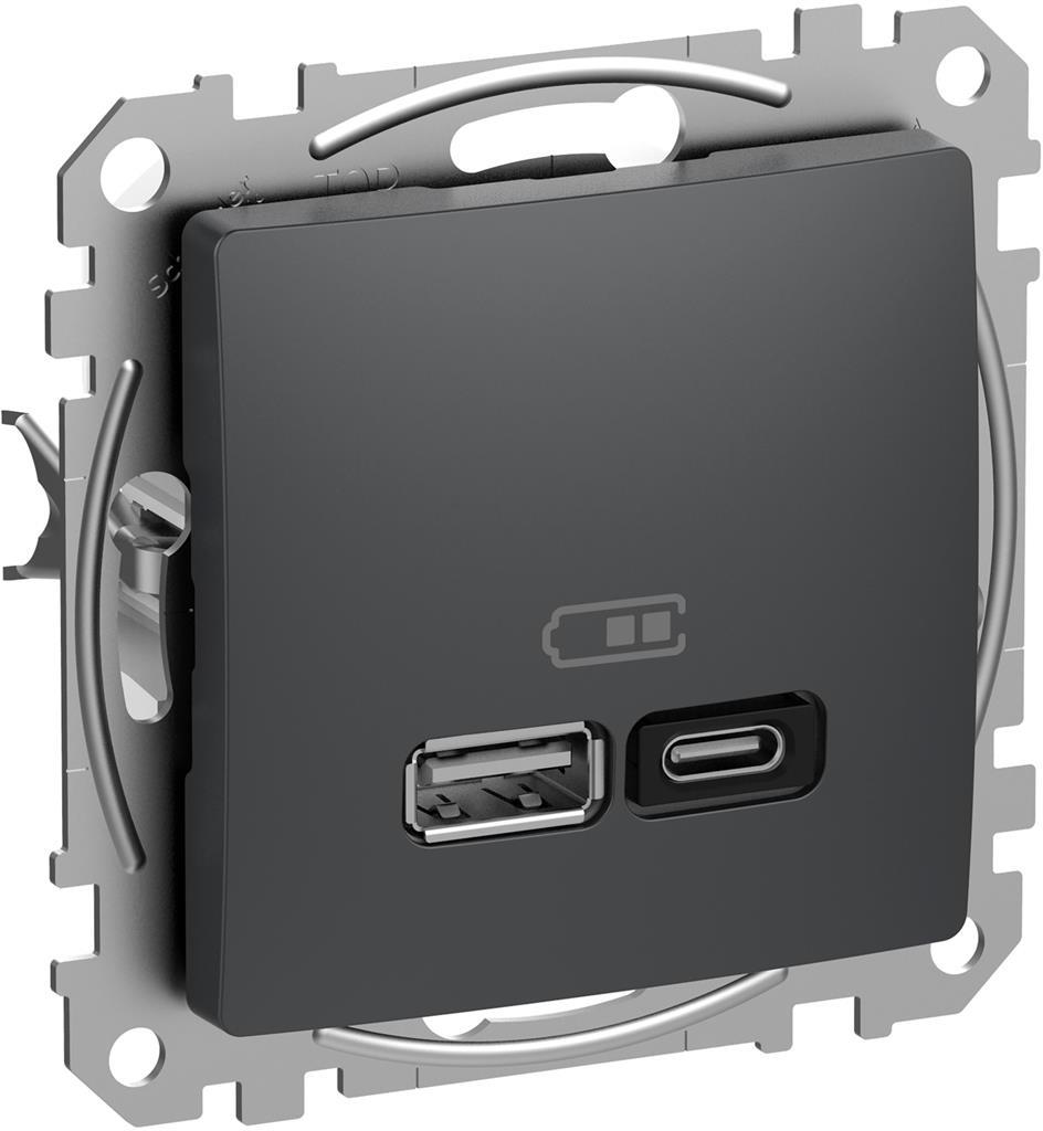 Розетка 2хUSB за зареждане тип A+C Power Delivery 45W цвят Антрацит Sedna SE