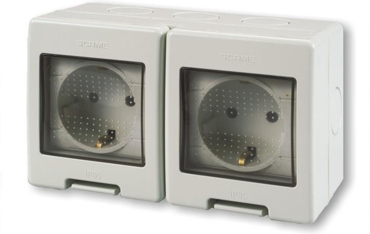 Контакт шуко ДВОЕН 16А с детска защита моноблок IP55 Unibox, цвят СИВ Scame