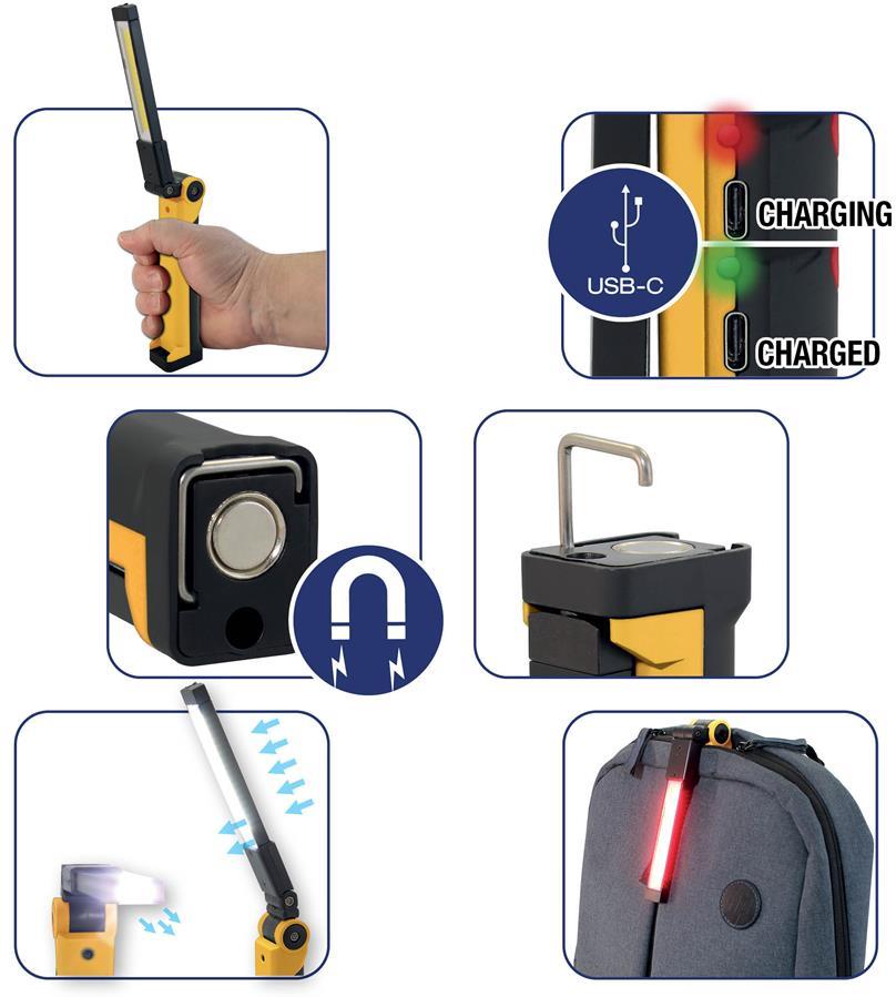 Работна LED лампа 10W 800lm глава на 360° с магнитна стойка и батерия 1800 mAh USB charger IP44 Commel