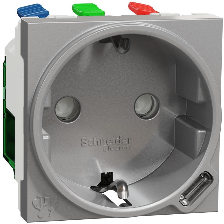 Контакт шуко с детска защита авт. и USB тип C 2 мод. цвят Алуминий Unica SE