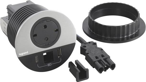 Модул за вграждане в бюро с 1х Шуко и USB тип A+C, GST18, Ø80mm, цвят ЧЕРЕН МЕТАЛ, Incara Disq Legrand