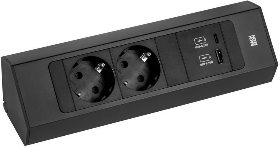 Модул CASIA 2 с 2x Шуко и USB A+C, цвят ЧЕРЕН, с възможност за ъглов монтаж, захранващ кабел 2м, Bachmann