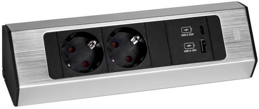 Модул CASIA 2 с 2x Шуко и USB A+C, цвят ИНОКС, с възможност за ъглов монтаж, захранващ кабел 2м, Bachmann