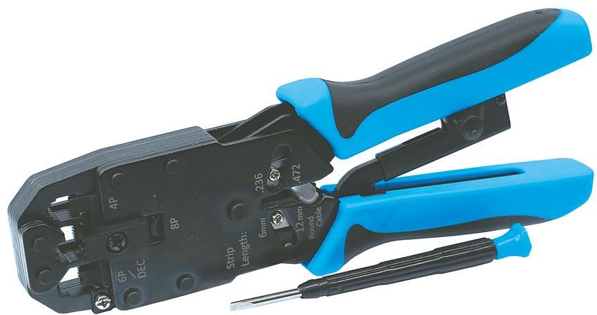 Инструмент за кримпване на RJ45 и RJ10, заголване и рязане, синьо-черна ръкохватка 220мм, с пружина, Legrand