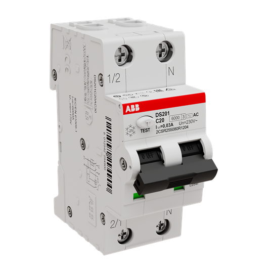 ДТЗ комбинирана DS201 1P+N 20A крива C 30mA тип AC 6kA 2 мод. ABB