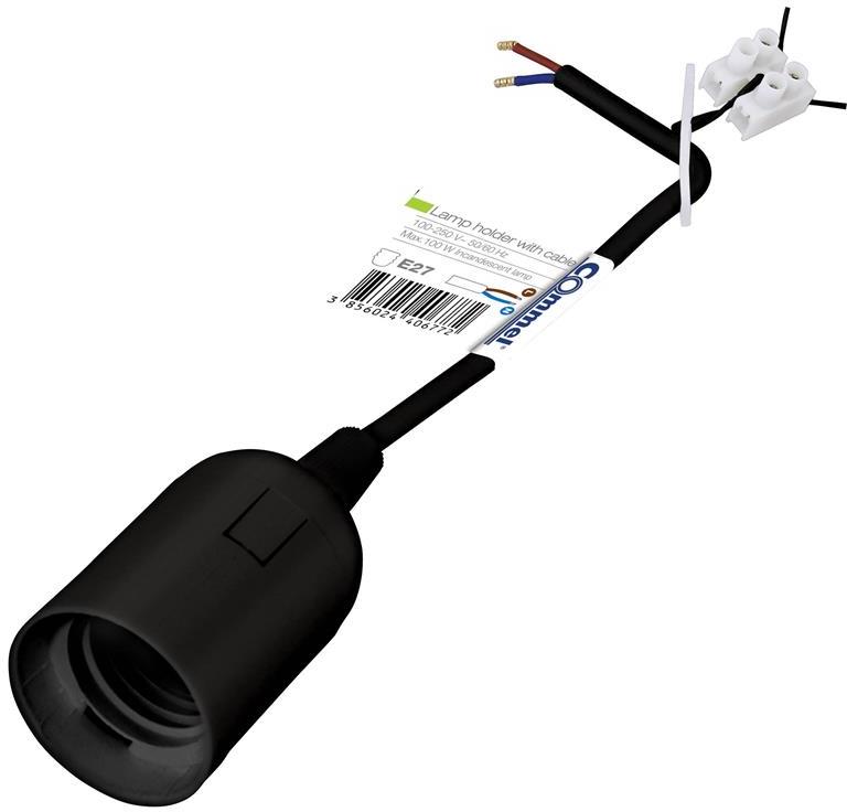 Фасунга E27 черна с кабел 17см. H03VV-F 2x0,75мм2 и клема, Commel