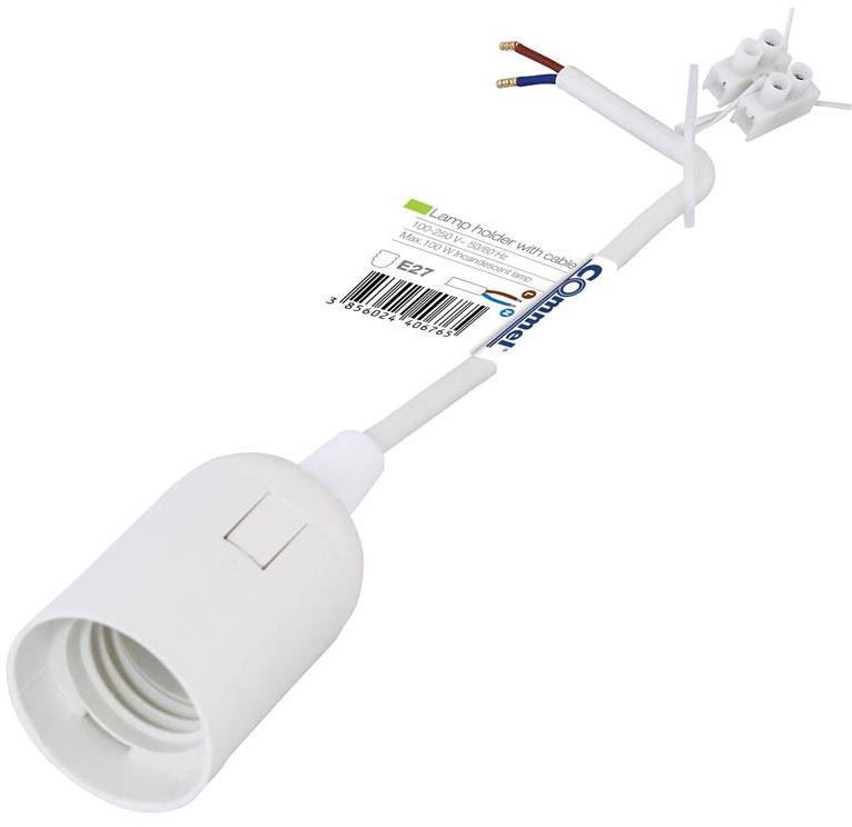 Фасунга E27 бяла с кабел 17см. H03VV-F 2x0,75мм2 и клема Commel