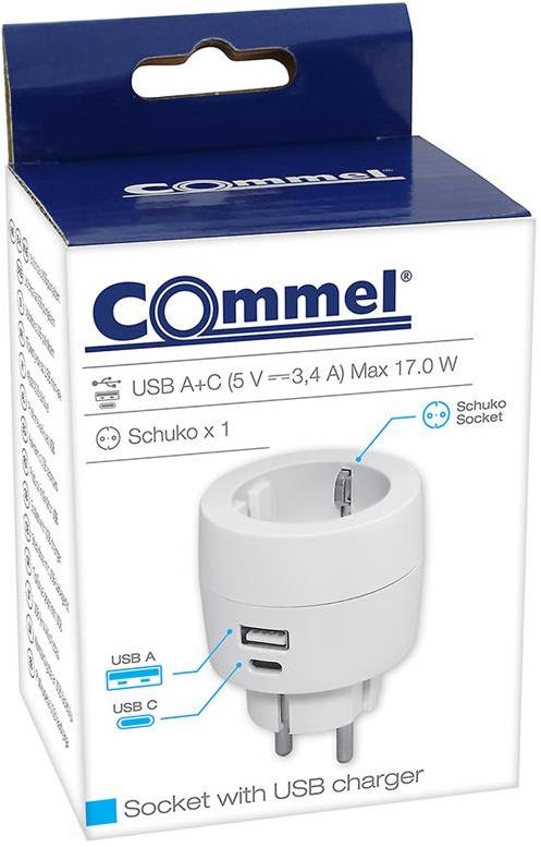 Адаптер за контакт бял с USB A+C 1 х шуко Commel