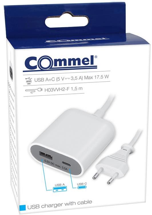 Удължител с кабел 1.5м 2хUSB за зареждане тип A+C 3A 15W цвят бял Commel